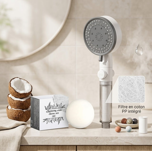 Coffret Rituel Douche AQURA : pommeau filtrant et shampoing solide