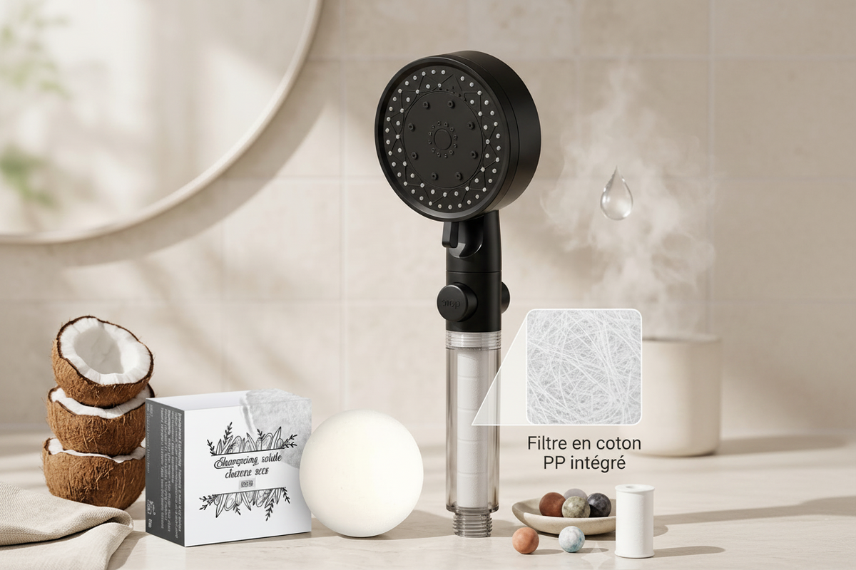 Coffret Rituel Douche AQURA : pommeau de douche filtrant avec shampoing solide fabriqué en France